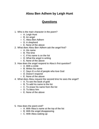 Abou Ben Adhem. 30 multiple-choice questions (Editable)