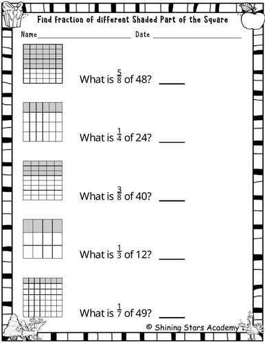 Find Fractions of Shaded Area of the Square Fraction worksheets Math ...