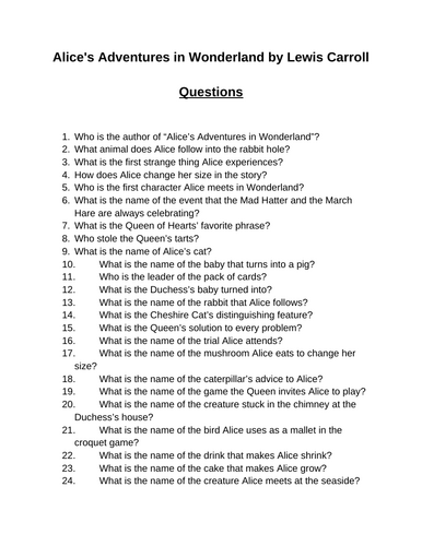 Alice's Adventures in Wonderland. 40 Reading Comprehension Questions (Editable)