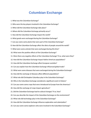 Columbian Exchange : 60 Assessment Questions With Answers - Quiz / Test ...