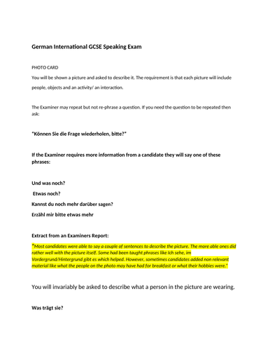 iGCSE GERMAN LANGUAGE; SPEAKING EXAM REVISION | Teaching Resources
