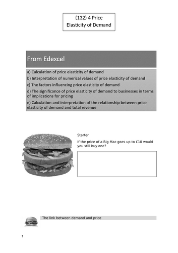 Theme 1 Marketing and people EDEXCEL IA Level Business Unit 7 Price Elasticity of Demand (PED)