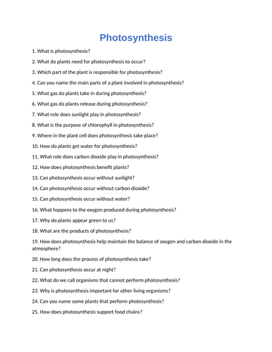 Photosynthesis : 60 Assessment Questions With Answers - Quiz / Test ...