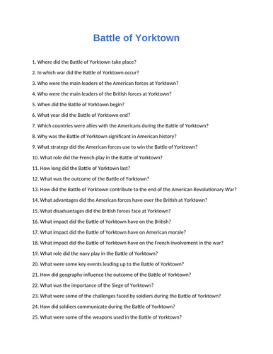 Battle of Yorktown : 60 Assessment Questions With Answers - Quiz / Test ...