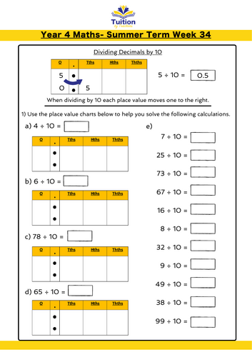 Year 4 - Dividing Decimals by 10 and 100 | Teaching Resources
