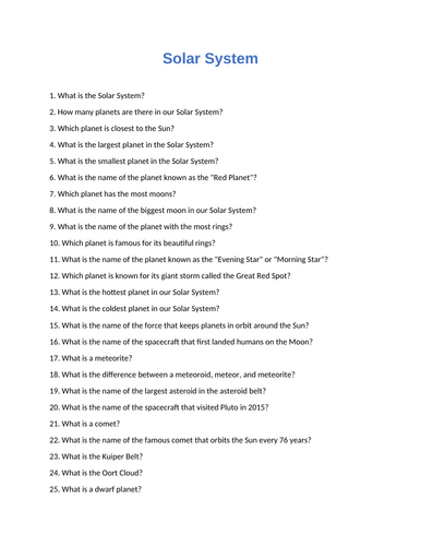 Solar System : 60 Assessment Questions With Answers - Quiz / Test ...