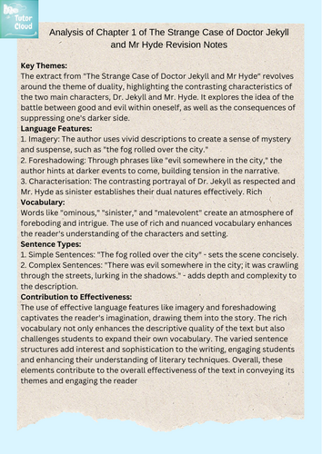 The Strange Case of Doctor Jekyll and Mr Hyde Analysis of Chapter 1 Revision Notes and Task