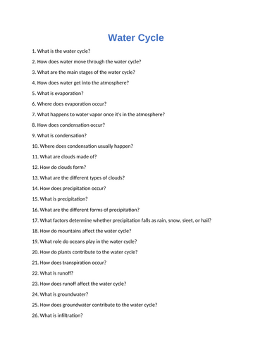 Water Cycle : 60 Assessment Questions With Answers - Quiz / Test ...
