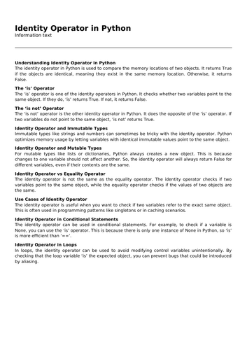 Identity Operator in Python | Teaching Resources