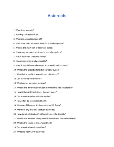Asteroids : 60 Assessment Questions With Answers - Quiz / Test ...