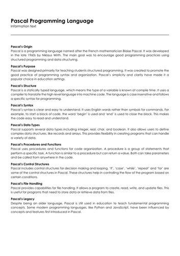 Pascal Programming Language | Teaching Resources
