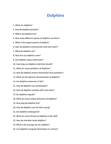 Dolphins : 60 Assessment Questions With Answers - Quiz / Test ...
