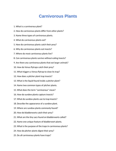 Carnivorous Plants : 60 Assessment Questions With Answers - Quiz / Test ...