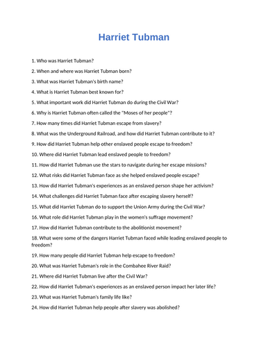 Harriet Tubman : 60 Assessment Questions With Answers - Quiz / Test ...