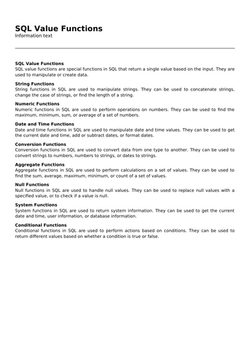 SQL Value Functions | Teaching Resources