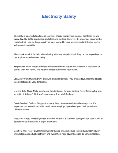 Electricity Safety: Reading Comprehension Questions With Answers - Quiz ...