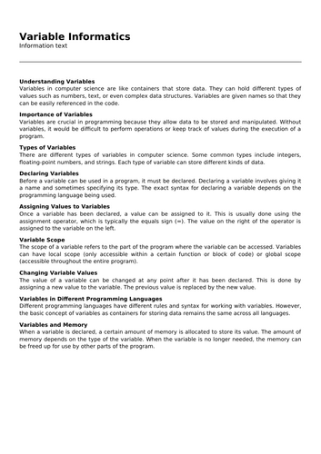 Variable Informatics | Teaching Resources