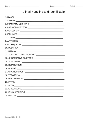 Animal Handling and Identification Word Scramble for Vet. Science ...