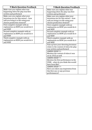 Edexcel GCSE Drama 9, 12, 14 Mark Question Feedback Sheets