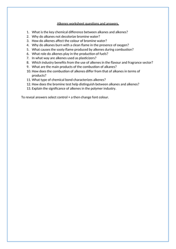 Alkenes KS4 worksheet questions and answers. | Teaching Resources
