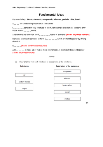 AQA Combined Science Chemistry Paper 1 Revision Worksheet | Teaching ...