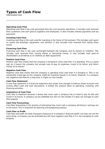 Types of Cash Flow | Teaching Resources