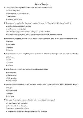 Rates of Reaction  Multiple Choice Questions with Answers