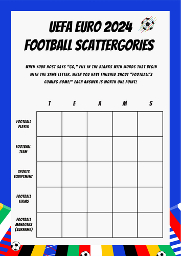 Euros 2024  Football Scattergories Game quiz - Fun Activity / Worksheet