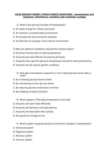 GCSE BIOLOGY PAPER 2 - Multiple choice questions with answers ...
