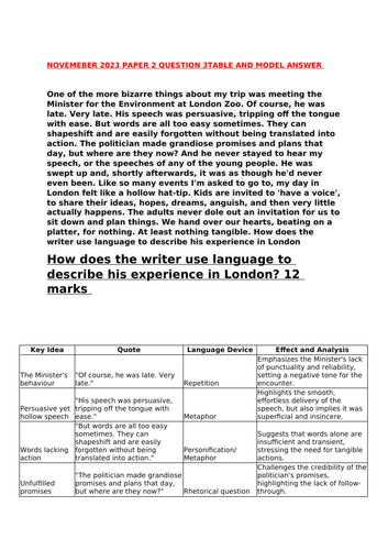 November 2023 AQA Paper 2 Question 3 Model table and Model Responses ...