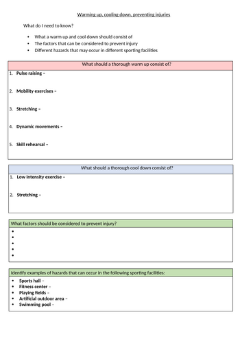 OCR GCSE PE - Warming up, cooling down, preventing injuries - Student ...