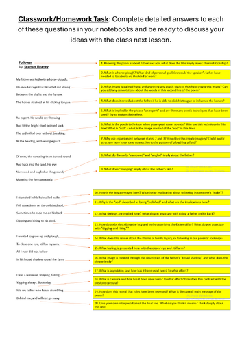 Follower by Seamus Heaney - Full Lesson Activities - CIE Poetry iGCSE ...