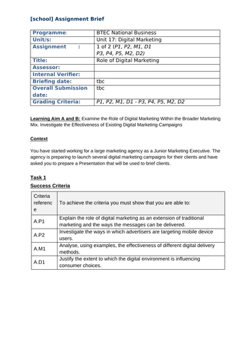 BTEC L3 Business - Unit 17 Assignment  1 - Template (Digital Marketing)