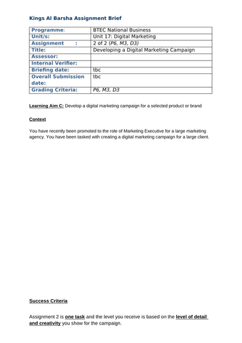 BTEC L3 Business - Unit 17 Assignment 2 - Template (Digital Marketing)