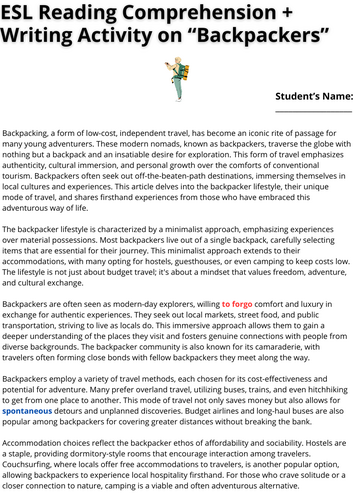ESL Reading Comprehension + Writing Activity Worksheets on Backpackers ...