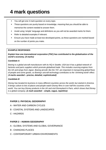 AQA A-level geography exam questions - 4/6/20 markers | Teaching Resources