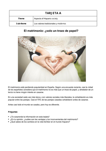 Los Valores Tradicionales y Modernos - Speaking Cards for AQA A-Level Spanish