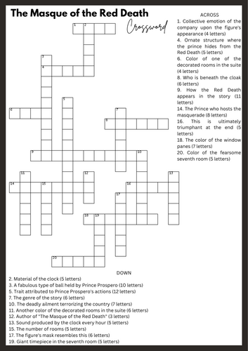 The Masque of the Red Death by Edgar Allan Poe Crossword Review ...
