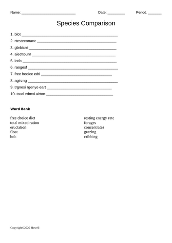 Species Comparison Word Scramble for Vet. Science Students | Teaching ...