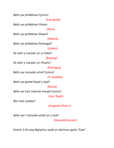 Cymraeg Iaith Gyntaf Blwyddyn 6: CWIS DIWEDD TYMOR | Teaching Resources