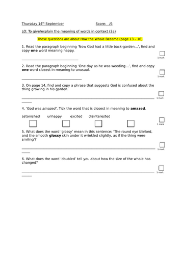 How the Whale Became and Other Stories KS2 Comprehension | Teaching ...