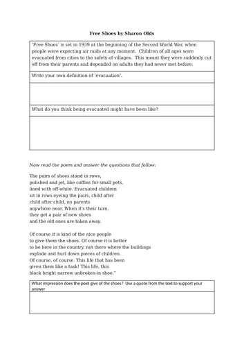 Free Shoes by Sharon Olds War Poem KS3 / KS4 Unseen Comprehension and ...