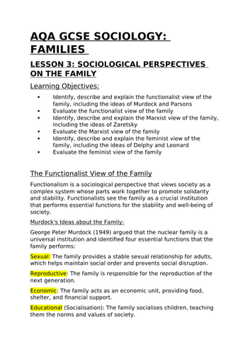 AQA GCSE Sociology Families: Lessons covering all content | Teaching ...