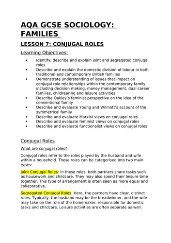 AQA GCSE Sociology Families Lesson 7: Conjugal Roles