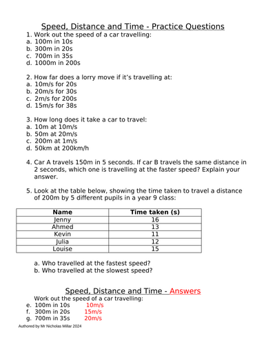 Speed, Distance and Time - Practice Questions - KS3 Physics | Teaching ...