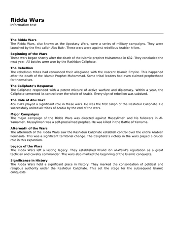 Ridda Wars | Teaching Resources