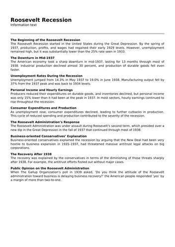 Roosevelt Recession | Teaching Resources