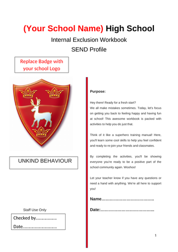 Internal Exclusion Workbook 21. unkind Behaviour  (SEND) profile pupils