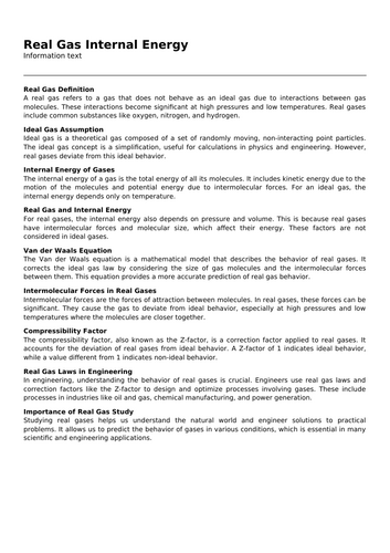 Real Gas Internal Energy | Teaching Resources