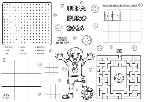 UEFA Euros 2024 Football Game Sheet Kids Colour In, Word Search, Draw, Tic Tac Toe